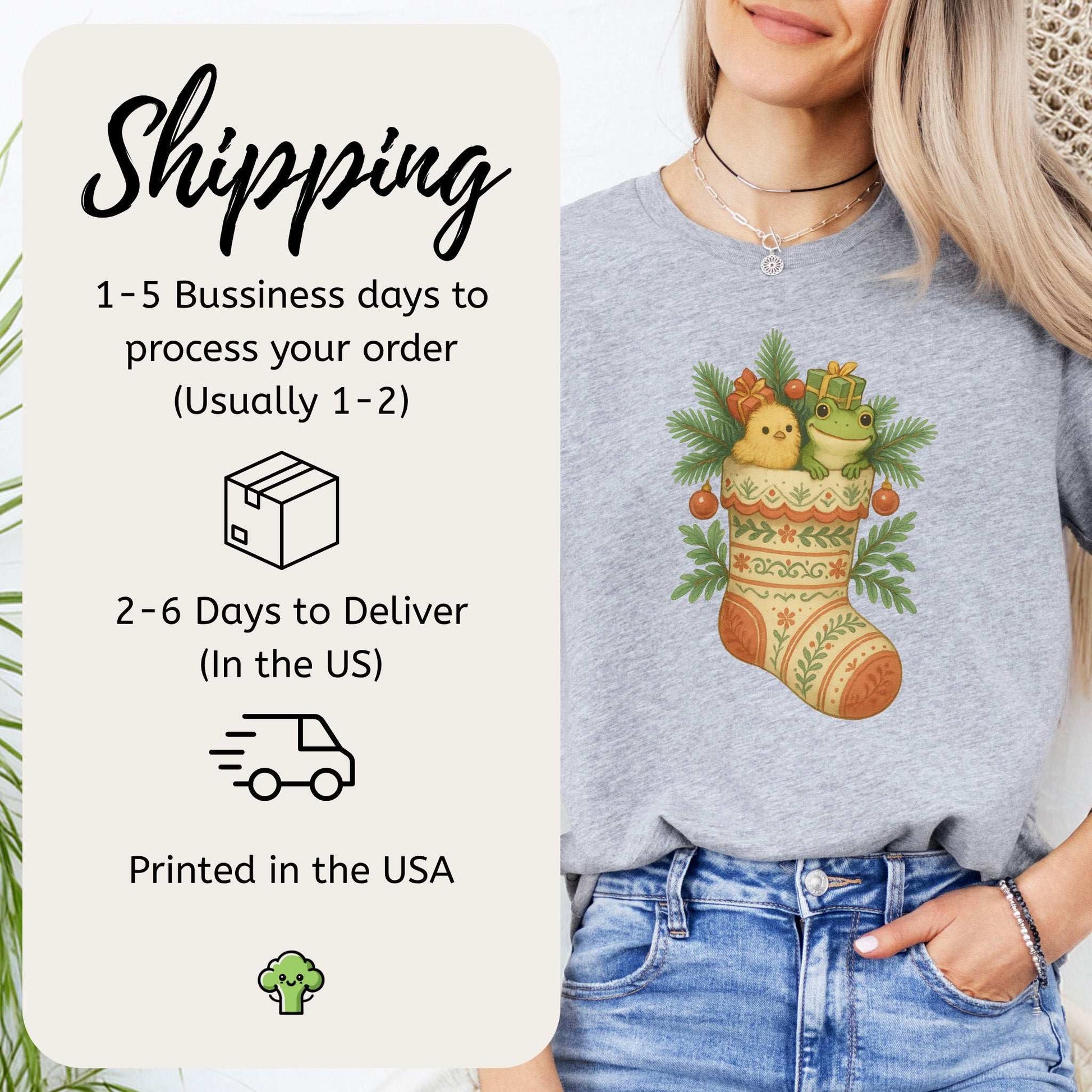 Festive Stocking Friends T-Shirt – Cute Frog & Chick Christmas Tee