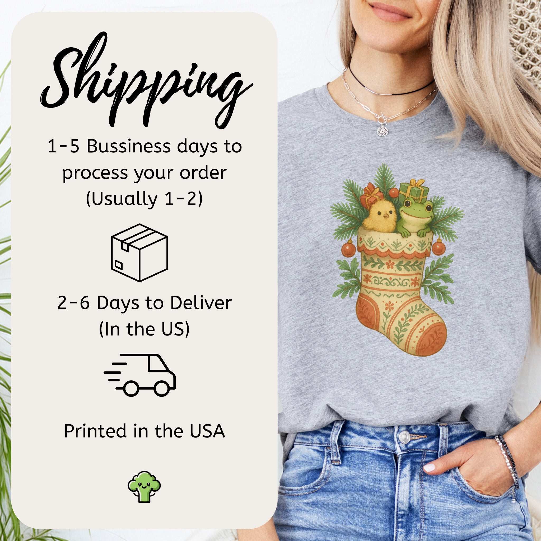 Festive Stocking Friends T-Shirt – Cute Frog & Chick Christmas Tee