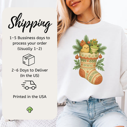 Festive Stocking Friends Sweatshirt – Cute Frog & Chick Christmas Cozy