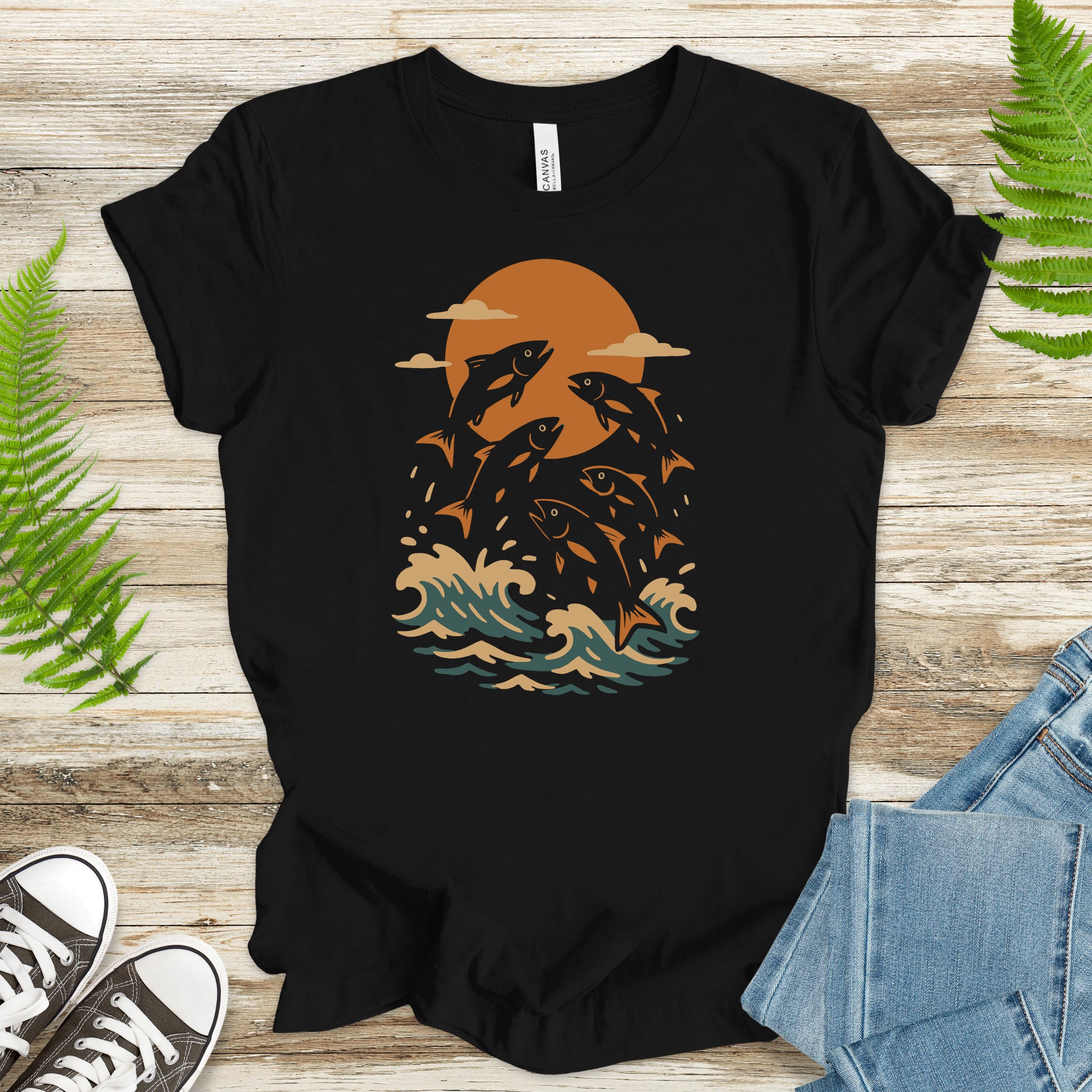 Jumping Fish Sunset T-Shirt – Retro Ocean & Fishing Graphic Tee