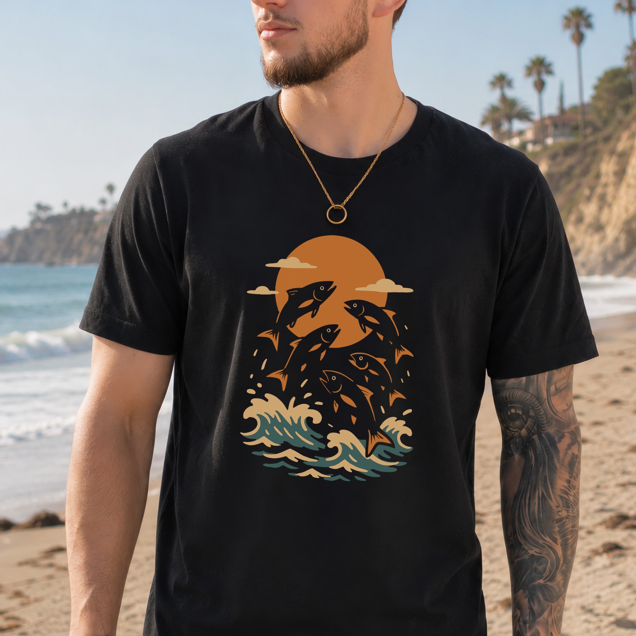Jumping Fish Sunset T-Shirt – Retro Ocean & Fishing Graphic Tee