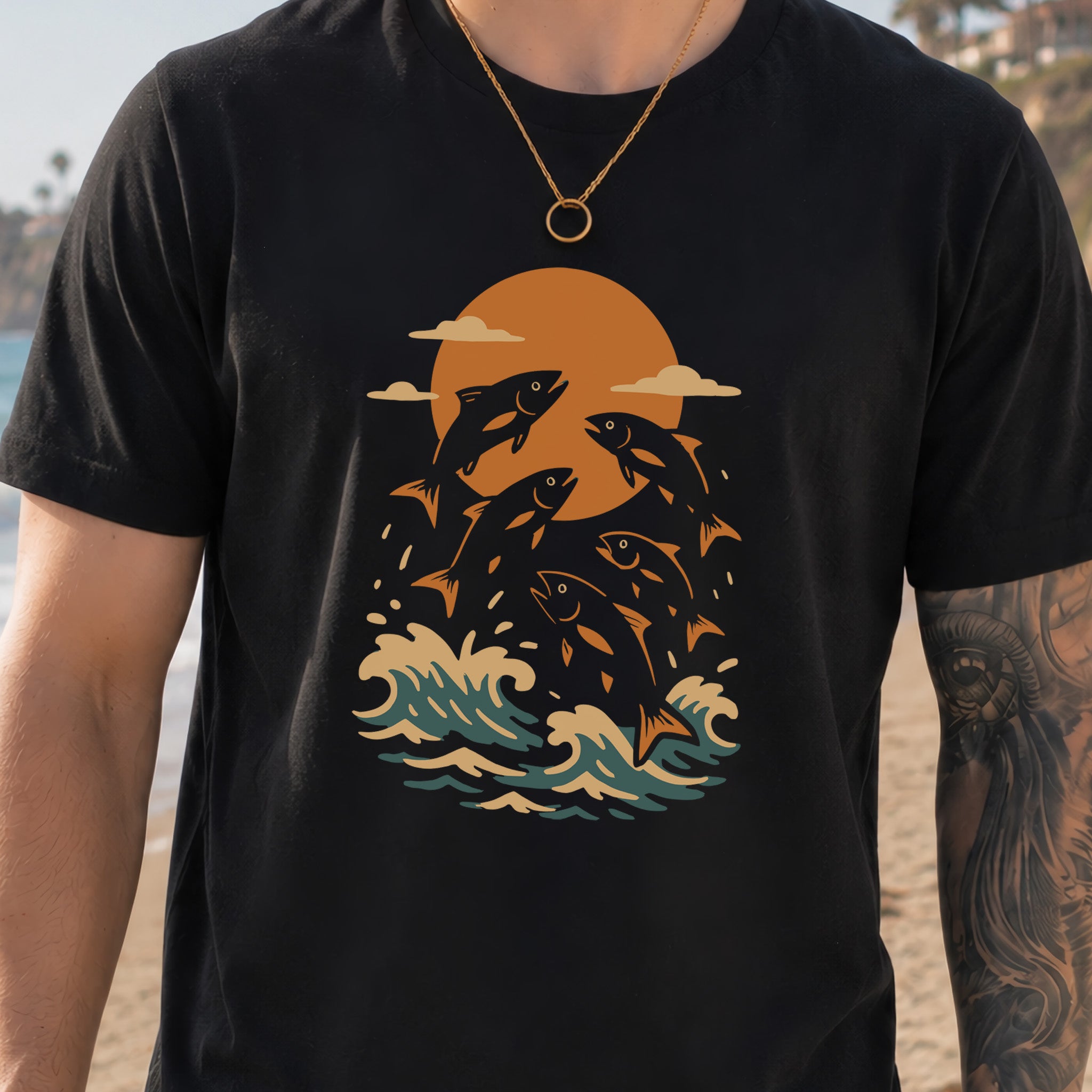 Jumping Fish Sunset T-Shirt – Retro Ocean & Fishing Graphic Tee
