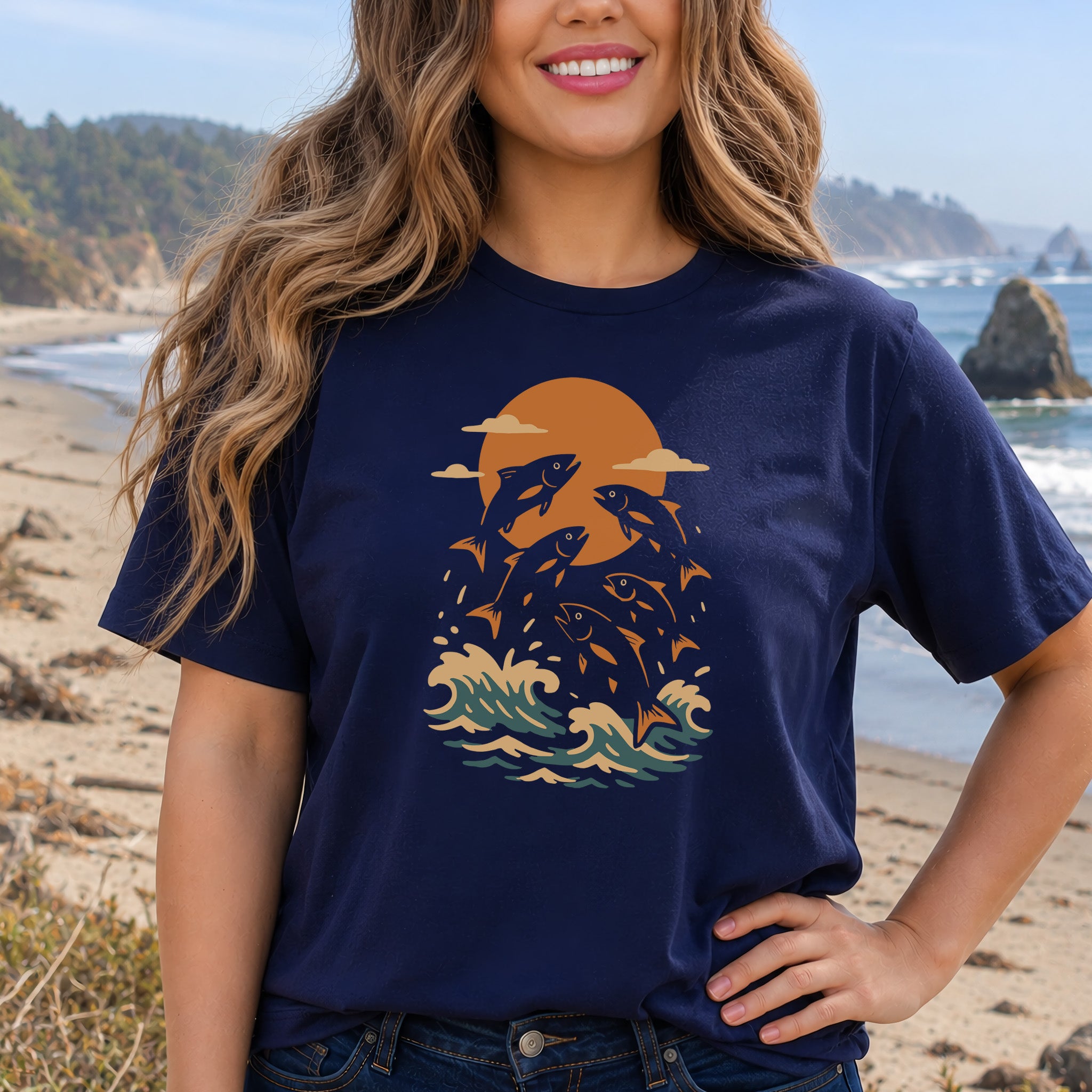 Jumping Fish Sunset T-Shirt – Retro Ocean & Fishing Graphic Tee