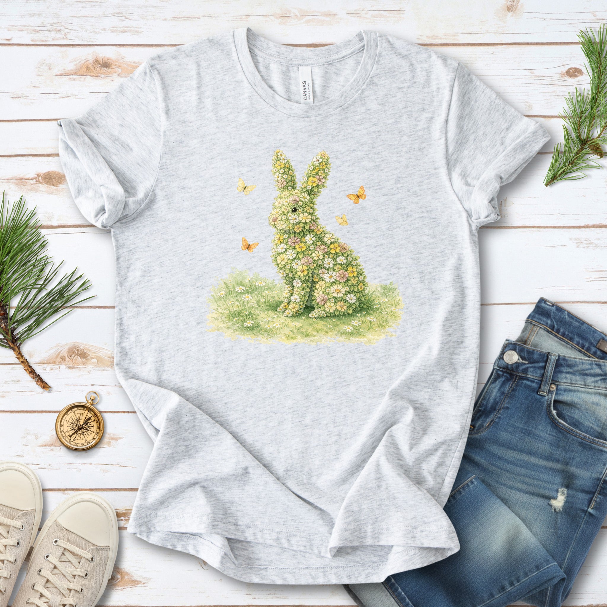 Floral Bunny Garden T-Shirt Botanical Rabbit Butterfly Spring Gift Tee