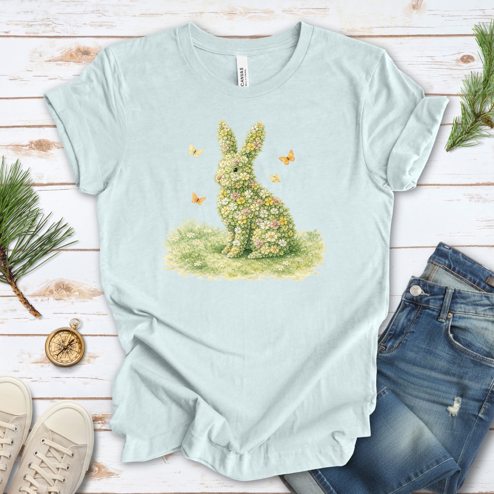Floral Bunny Garden T-Shirt Botanical Rabbit Butterfly Spring Gift Tee