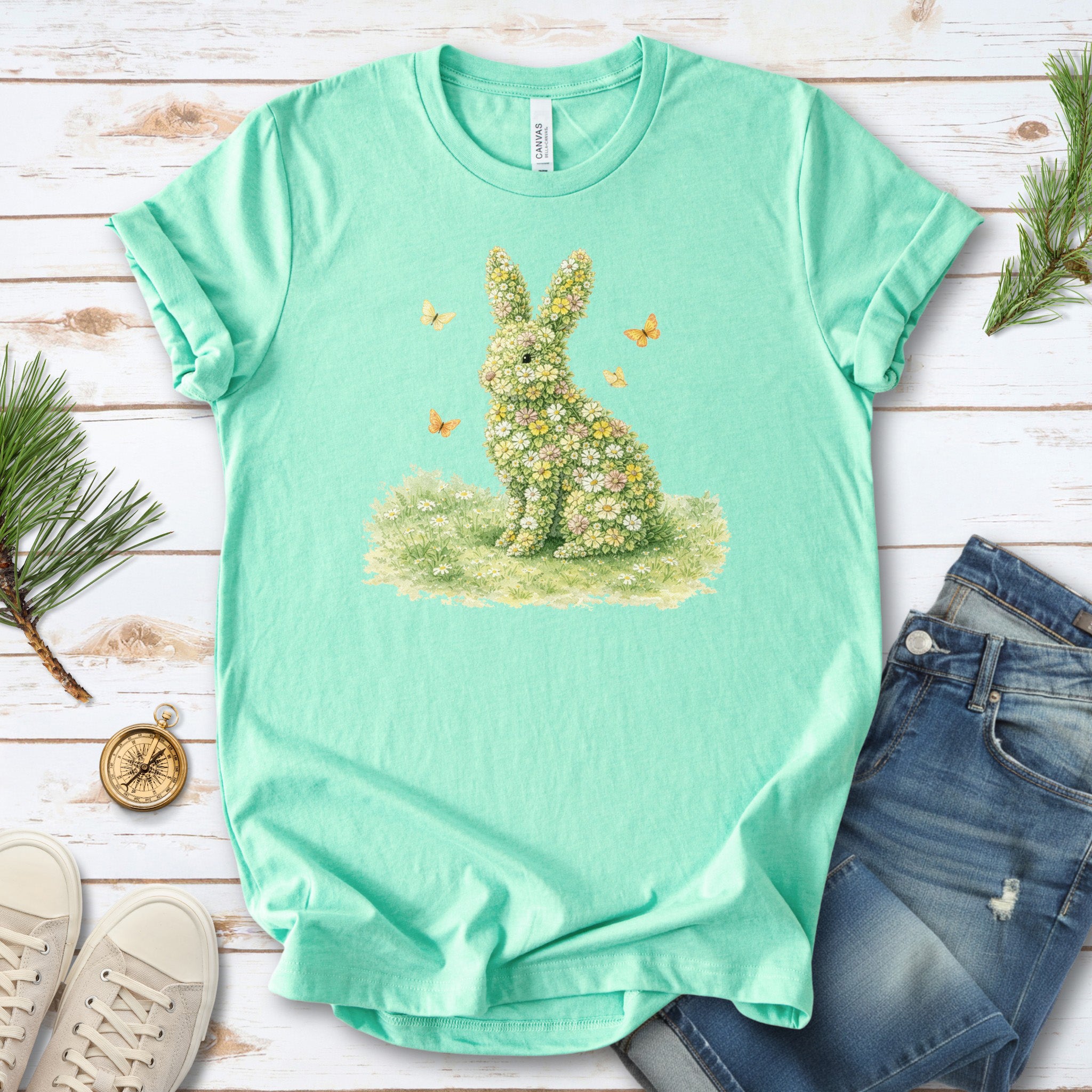 Floral Bunny Garden T-Shirt Botanical Rabbit Butterfly Spring Gift Tee