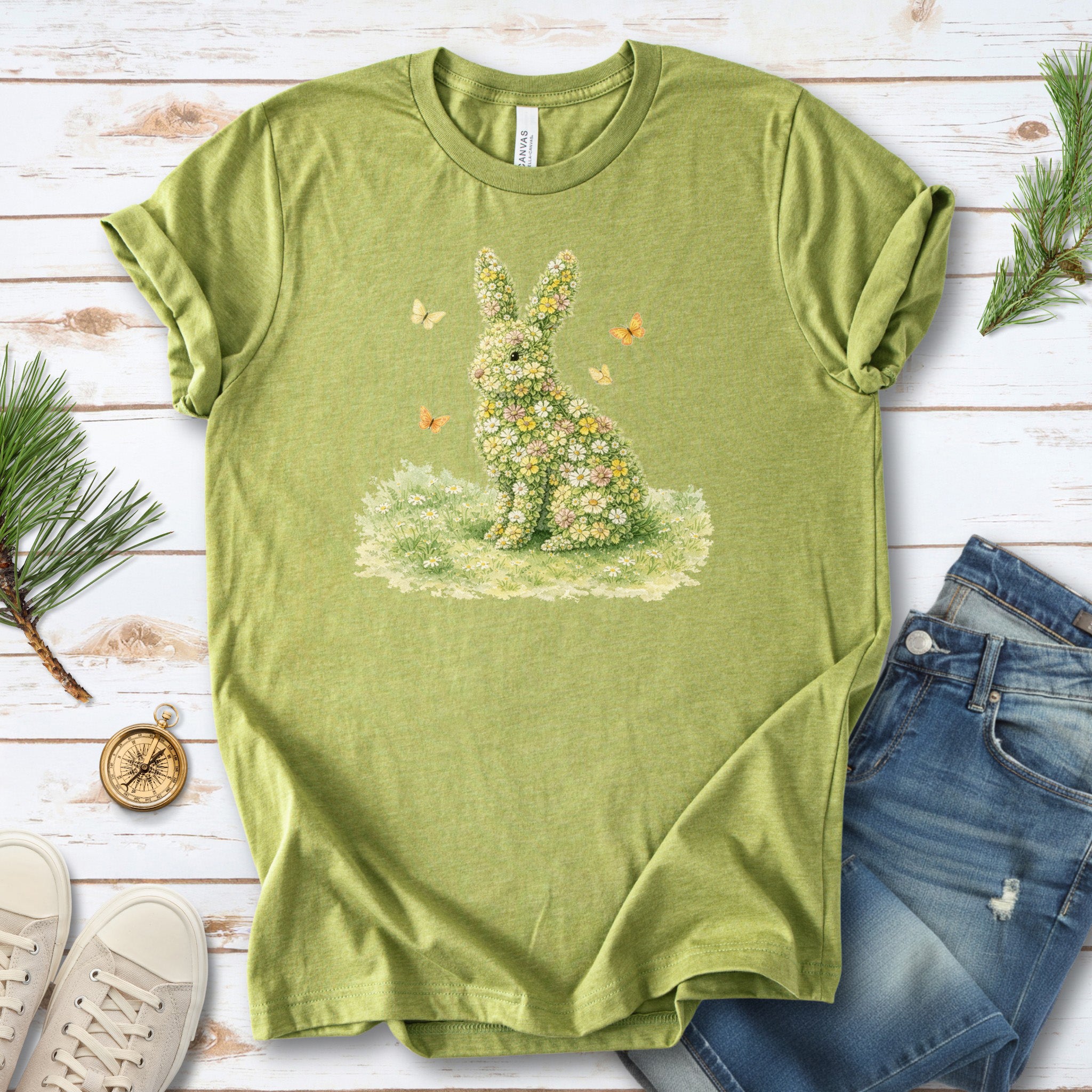 Floral Bunny Garden T-Shirt Botanical Rabbit Butterfly Spring Gift Tee