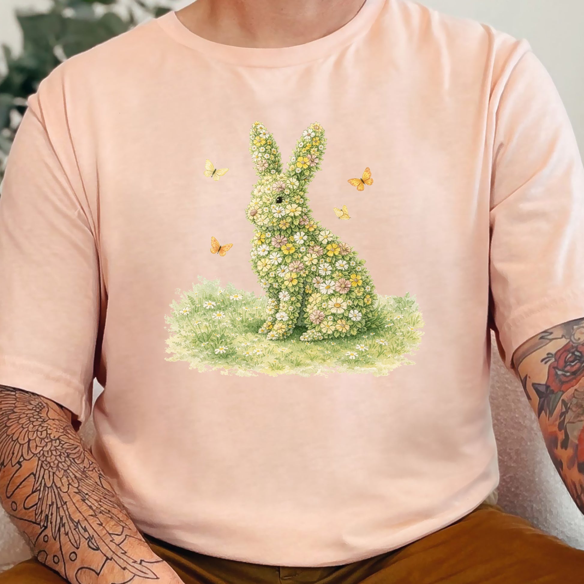 Floral Bunny Garden T-Shirt Botanical Rabbit Butterfly Spring Gift Tee