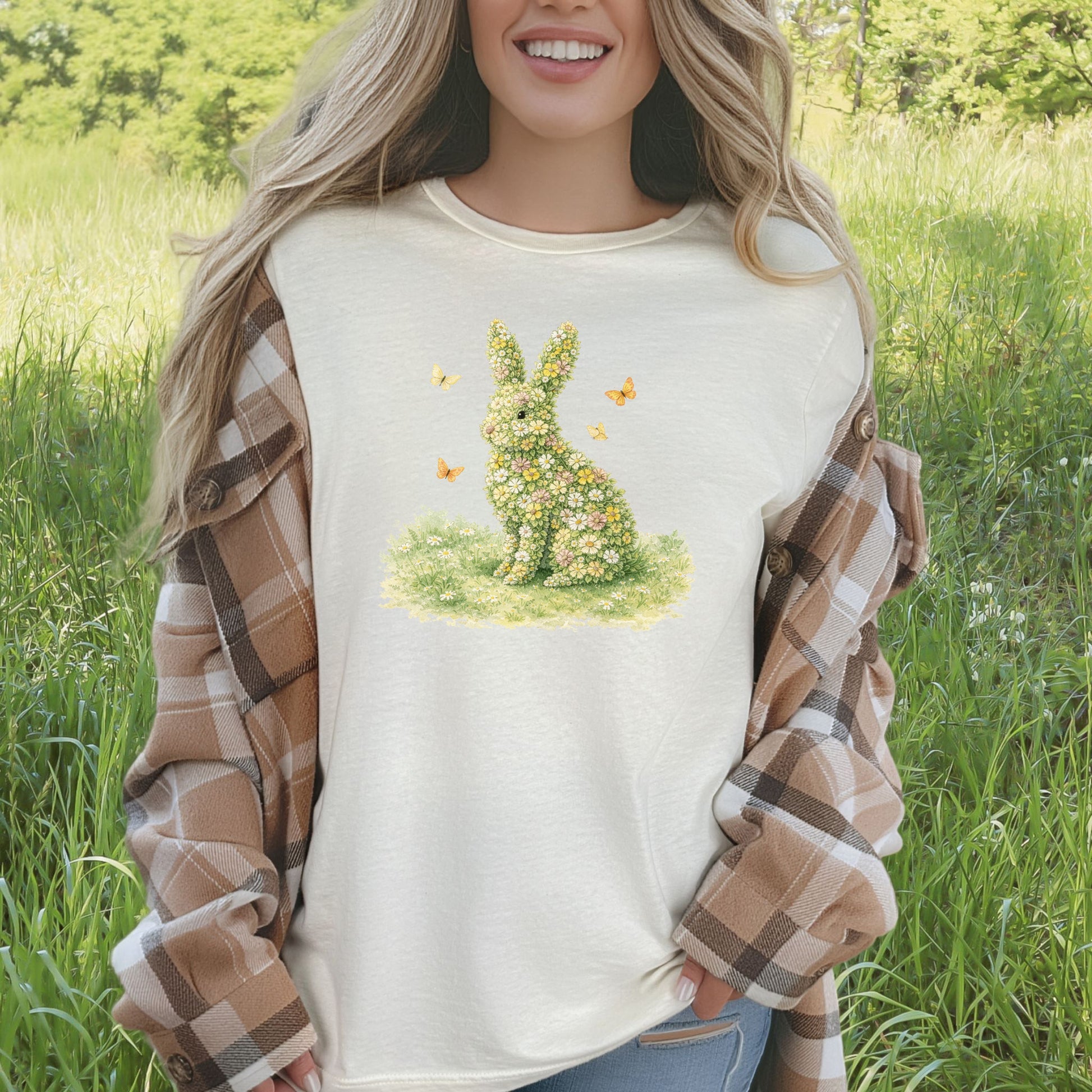 Floral Bunny Garden T-Shirt Botanical Rabbit Butterfly Spring Gift Tee