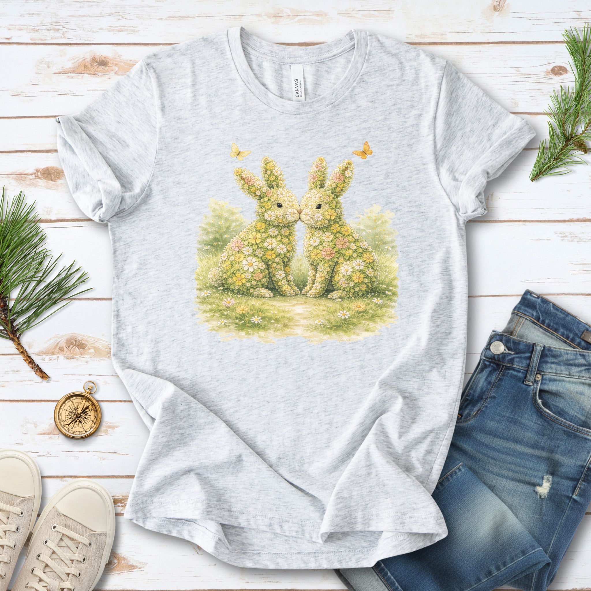 Floral Bunny Pair T-Shirt Botanical Rabbit Lover Easter Garden Gift Tee