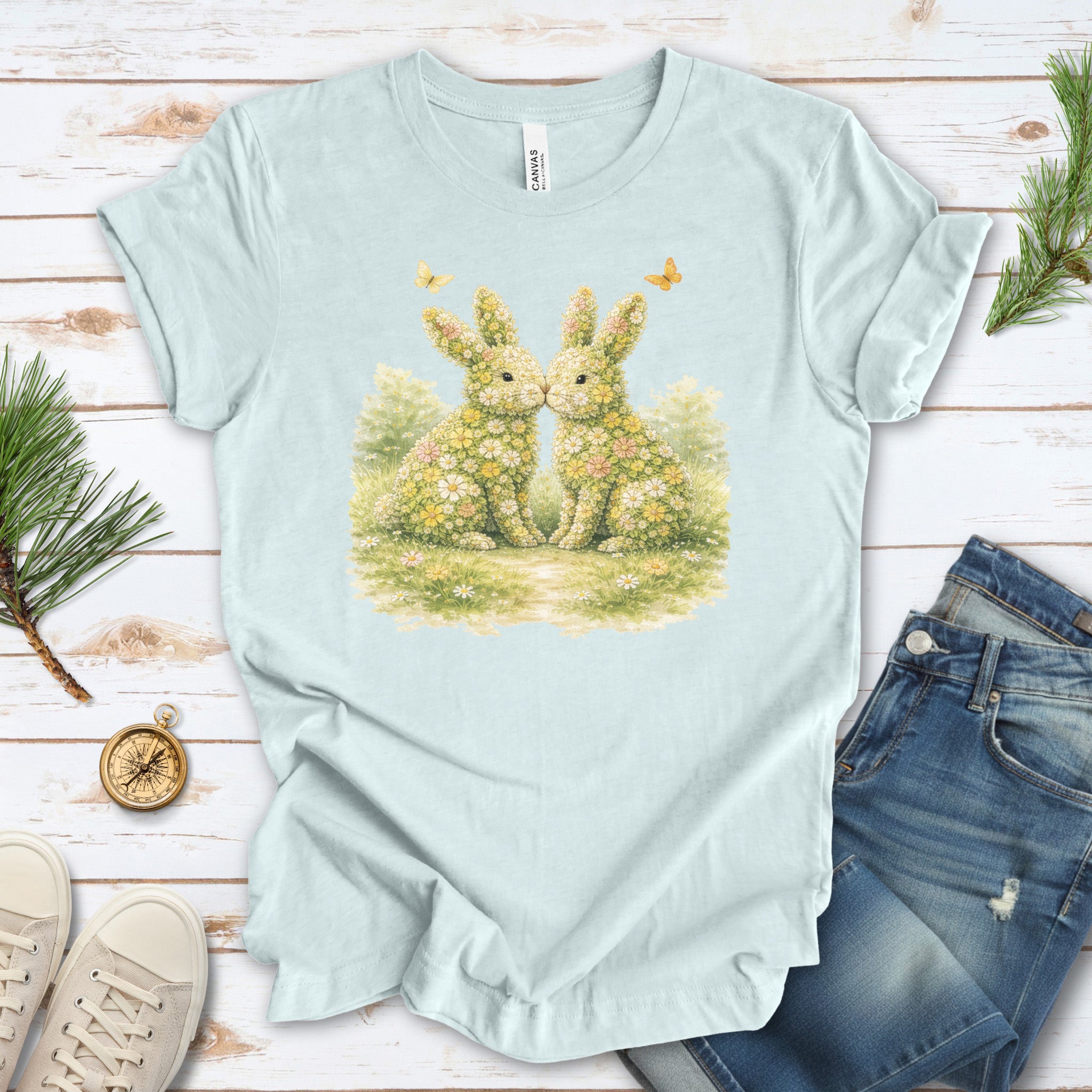 Floral Bunny Pair T-Shirt Botanical Rabbit Lover Easter Garden Gift Tee