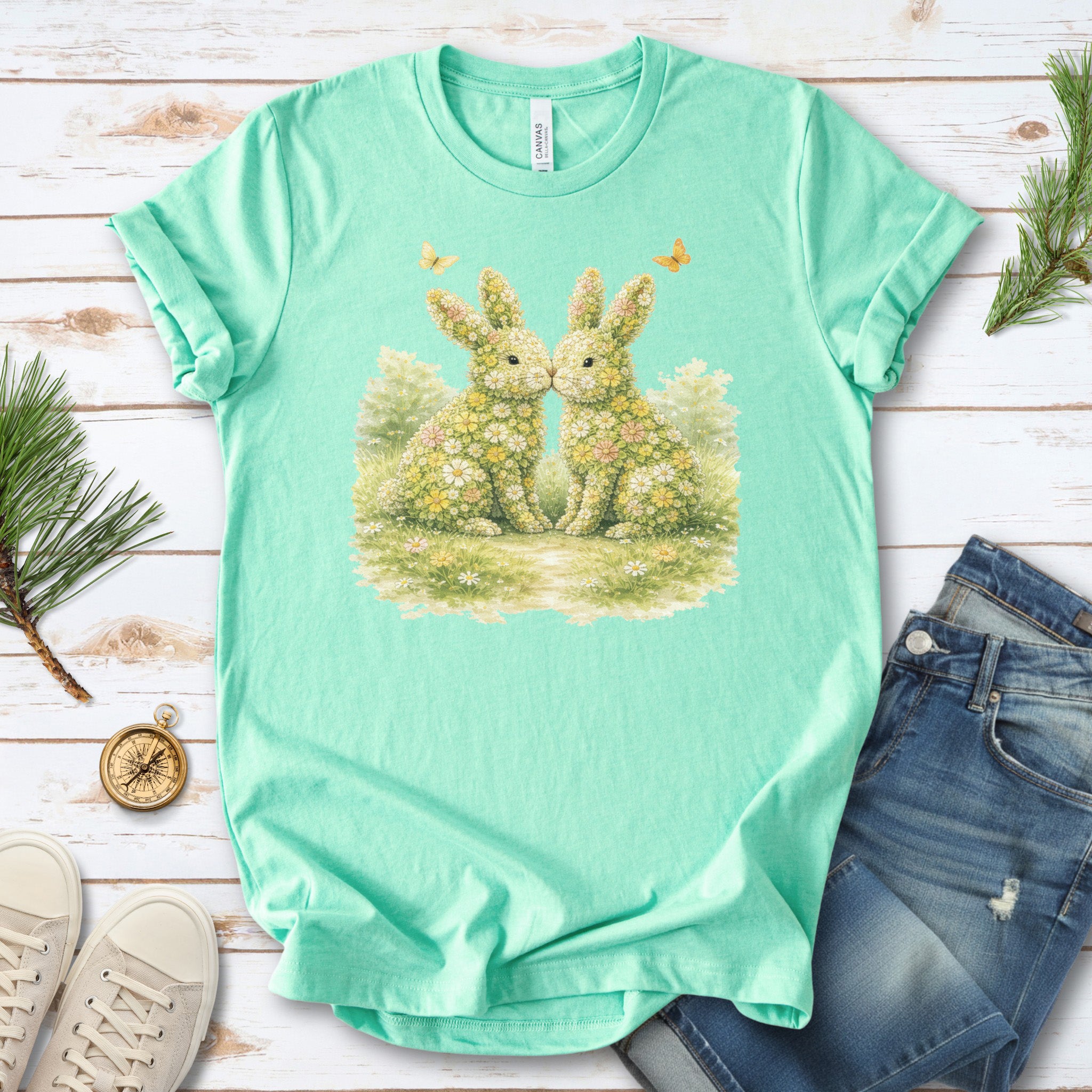 Floral Bunny Pair T-Shirt Botanical Rabbit Lover Easter Garden Gift Tee