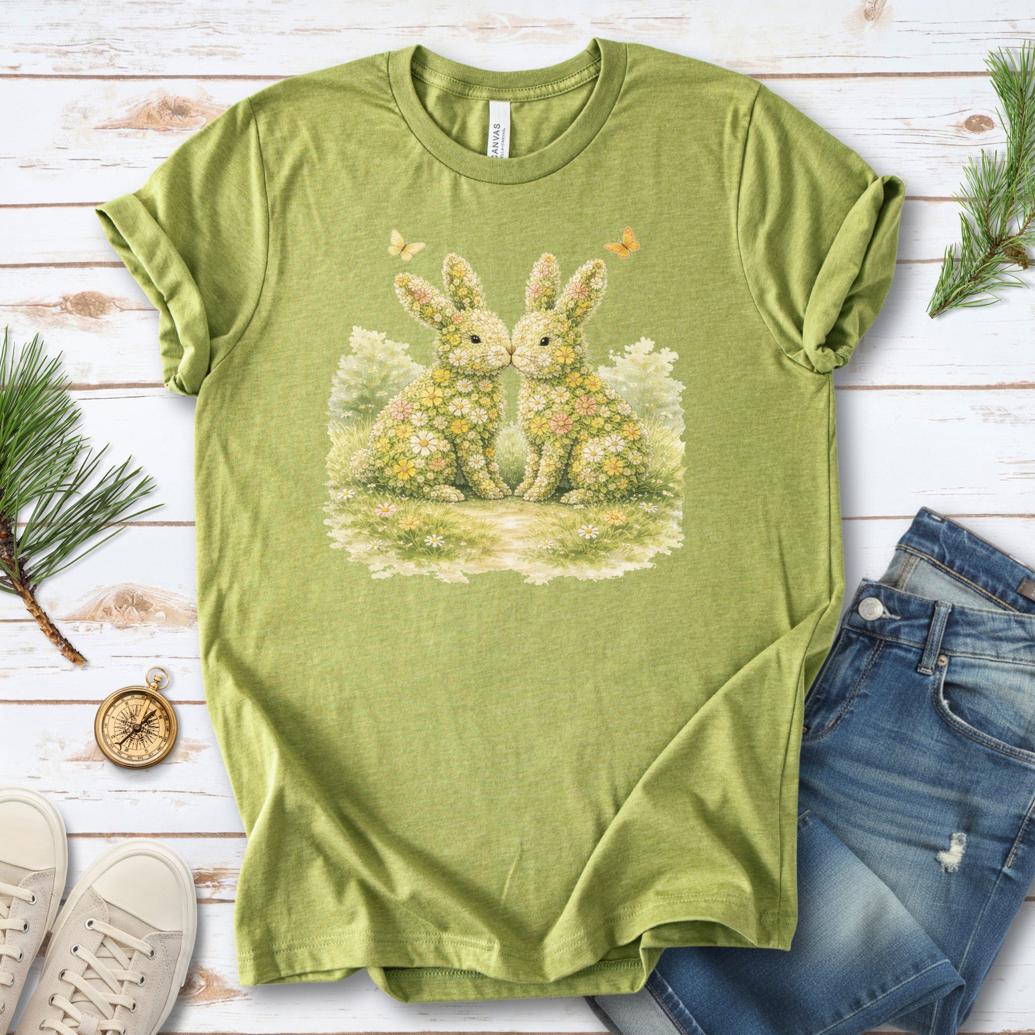 Floral Bunny Pair T-Shirt Botanical Rabbit Lover Easter Garden Gift Tee