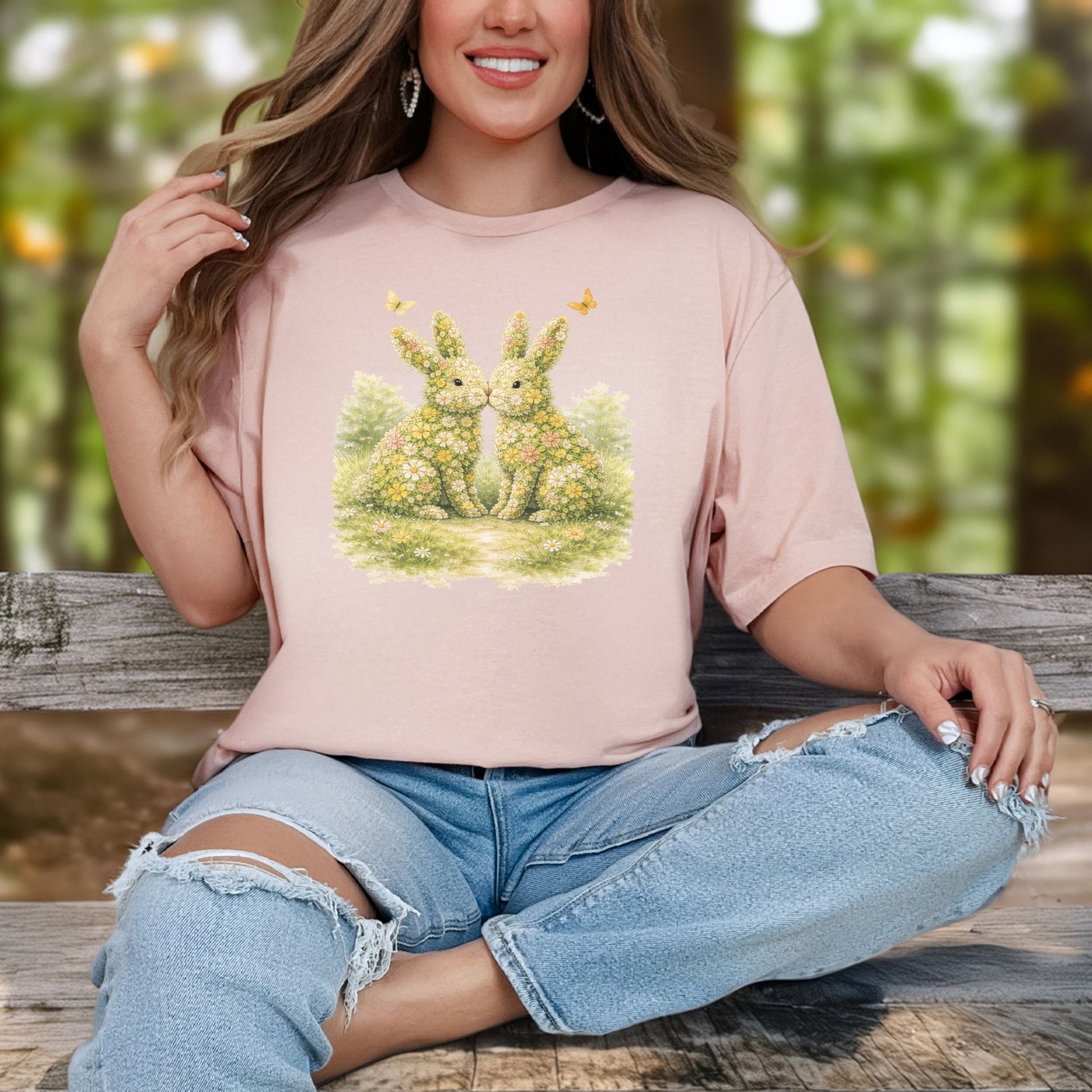 Floral Bunny Pair T-Shirt Botanical Rabbit Lover Easter Garden Gift Tee