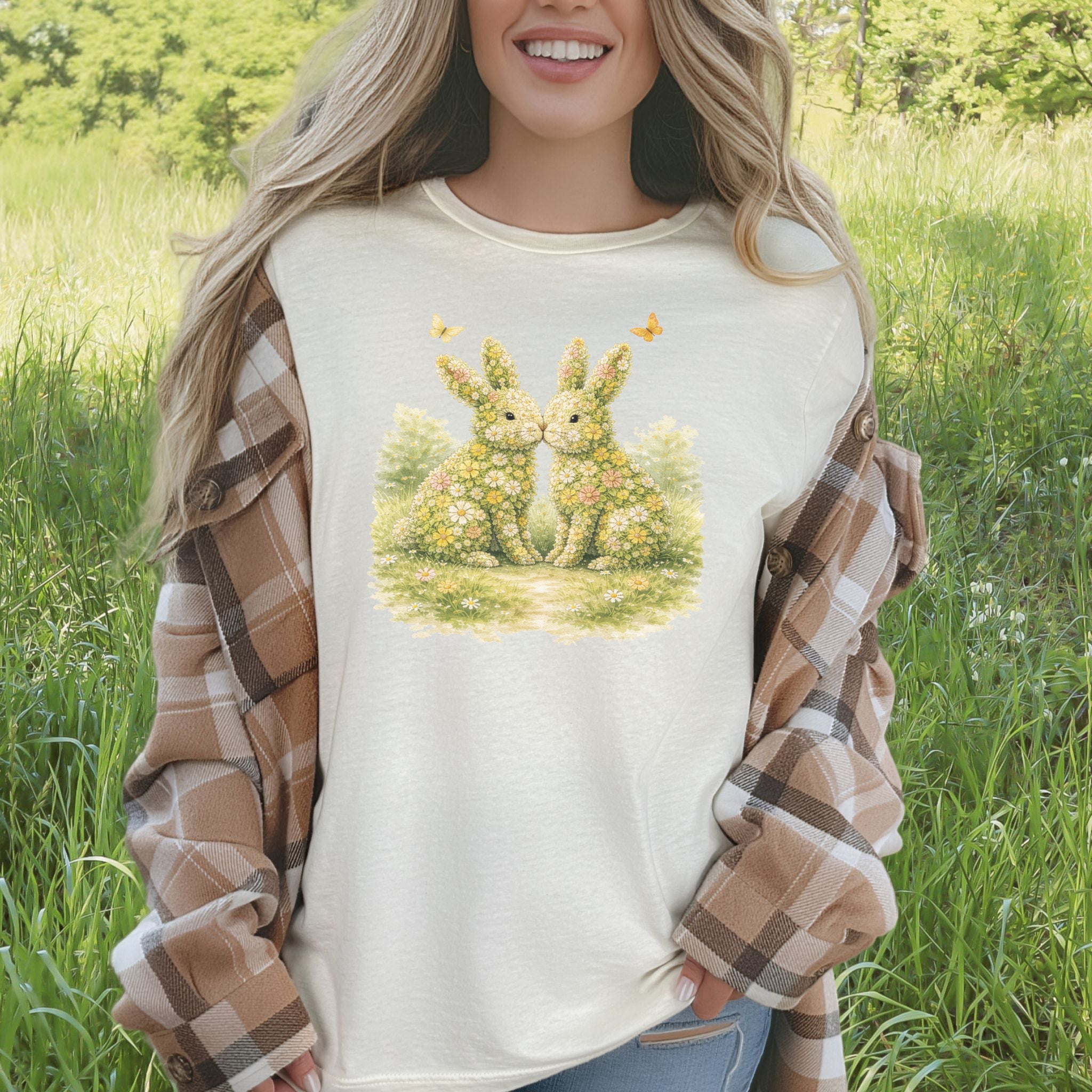 Floral Bunny Pair T-Shirt Botanical Rabbit Lover Easter Garden Gift Tee