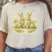 Floral Bunny Pair T-Shirt Botanical Rabbit Lover Easter Garden Gift Tee