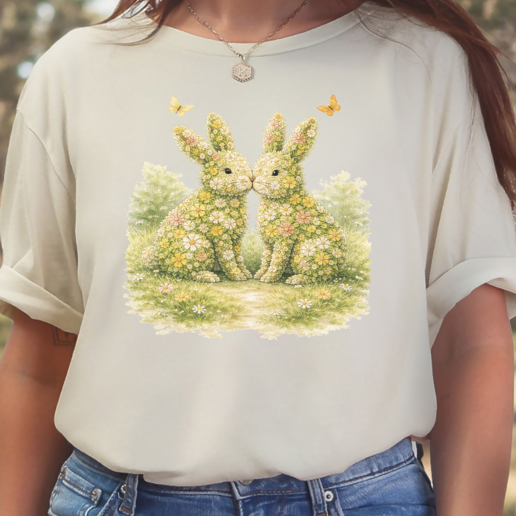 Floral Bunny Pair T-Shirt Botanical Rabbit Lover Easter Garden Gift Tee