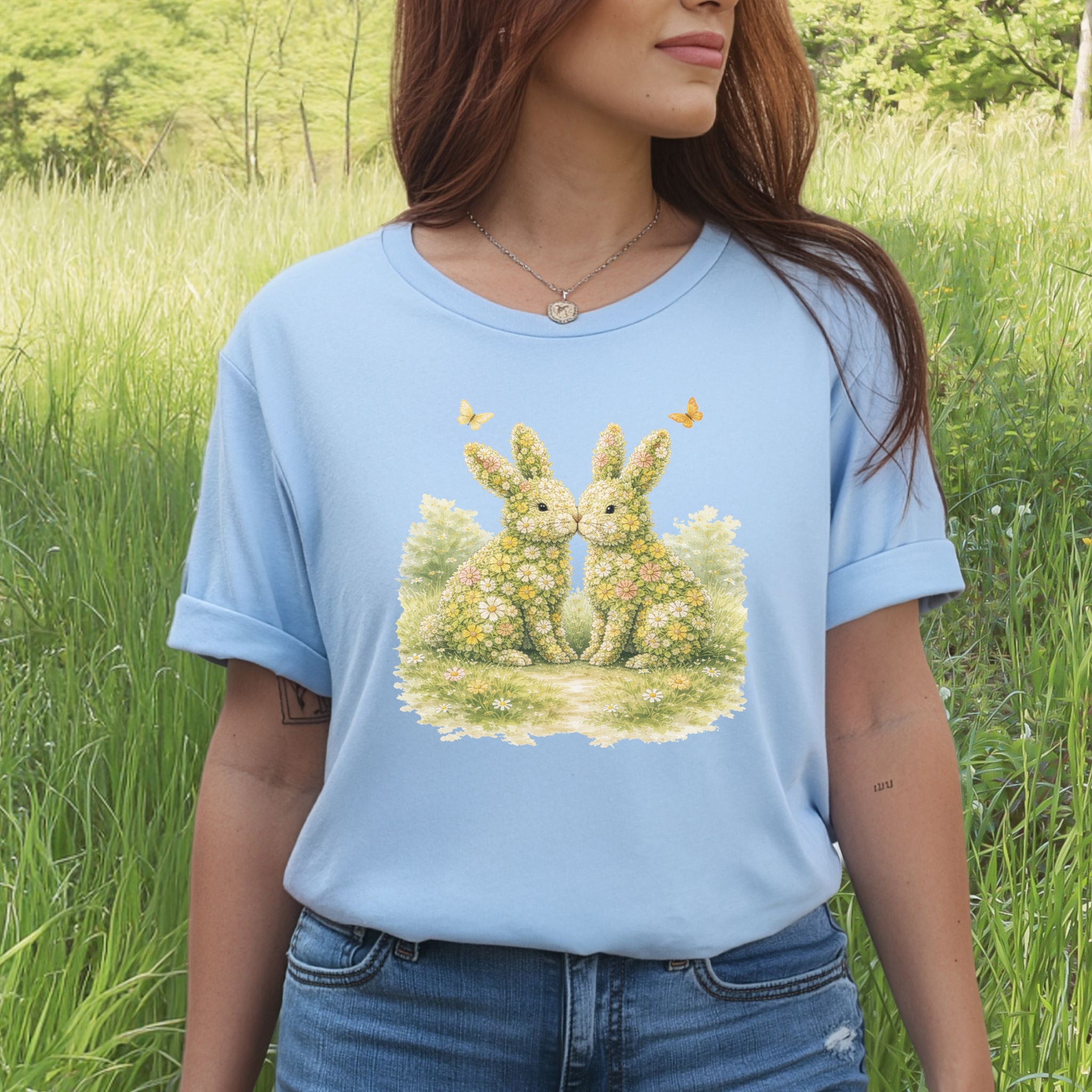 Floral Bunny Pair T-Shirt Botanical Rabbit Lover Easter Garden Gift Tee
