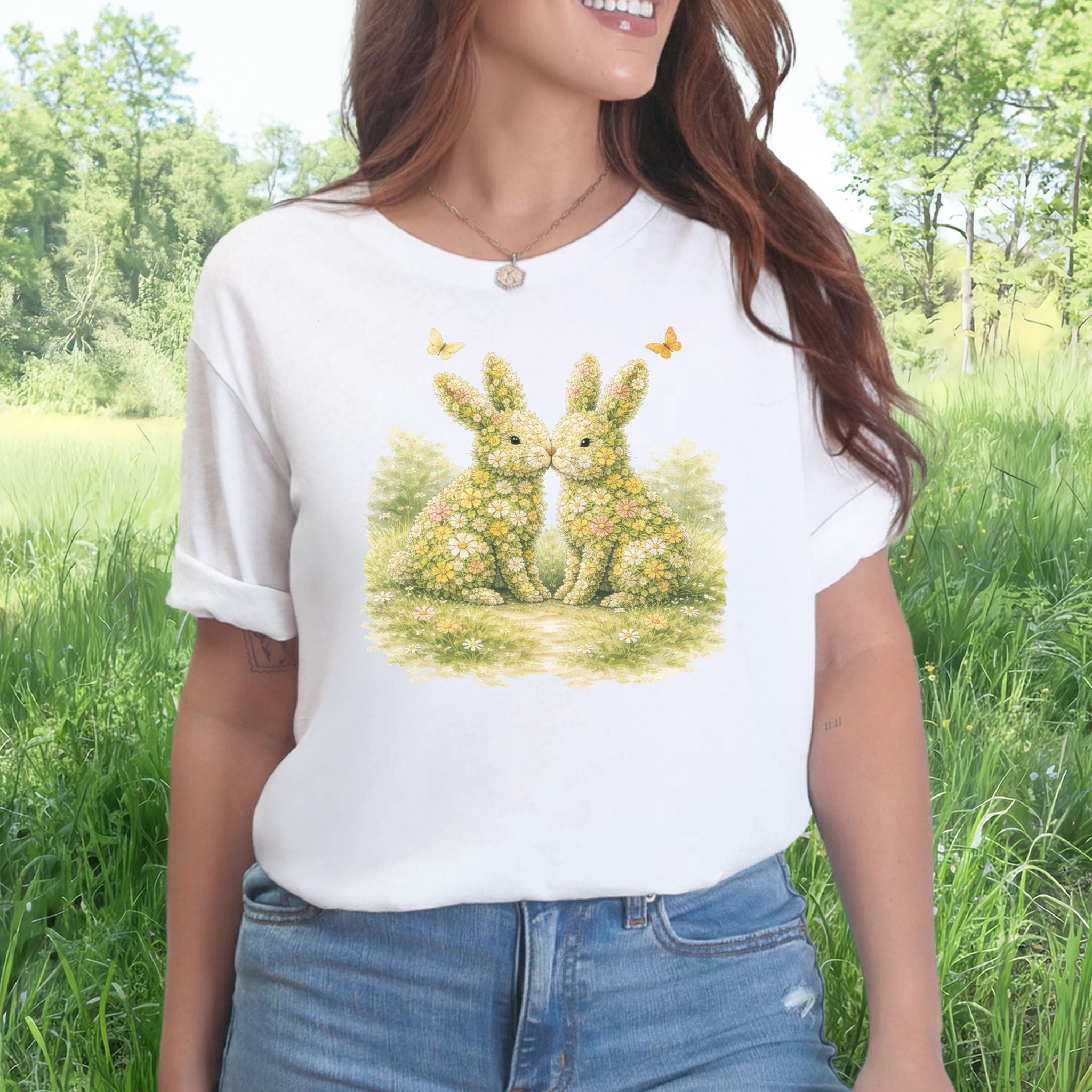 Floral Bunny Pair T-Shirt Botanical Rabbit Lover Easter Garden Gift Tee