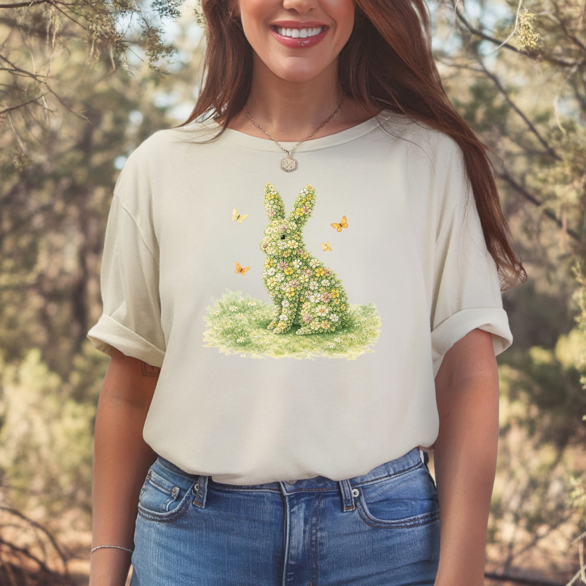 Floral Bunny Garden T-Shirt Botanical Rabbit Butterfly Spring Gift Tee