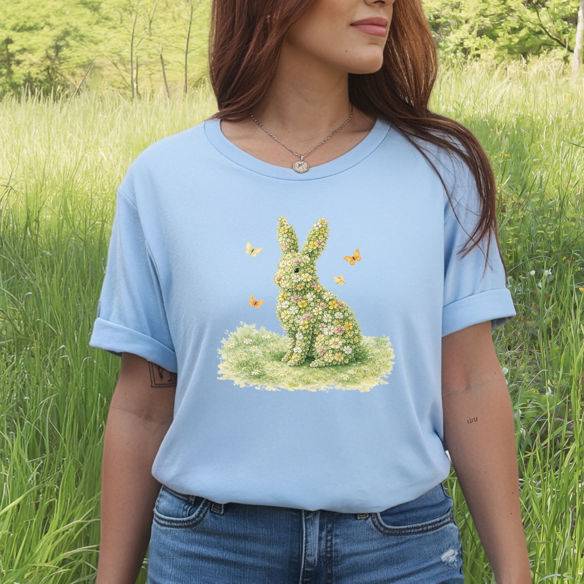Floral Bunny Garden T-Shirt Botanical Rabbit Butterfly Spring Gift Tee