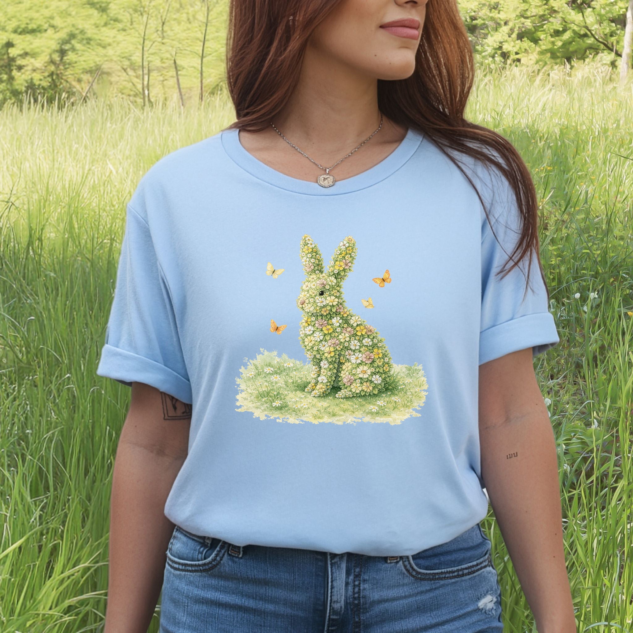 Floral Bunny Garden T-Shirt Botanical Rabbit Butterfly Spring Gift Tee