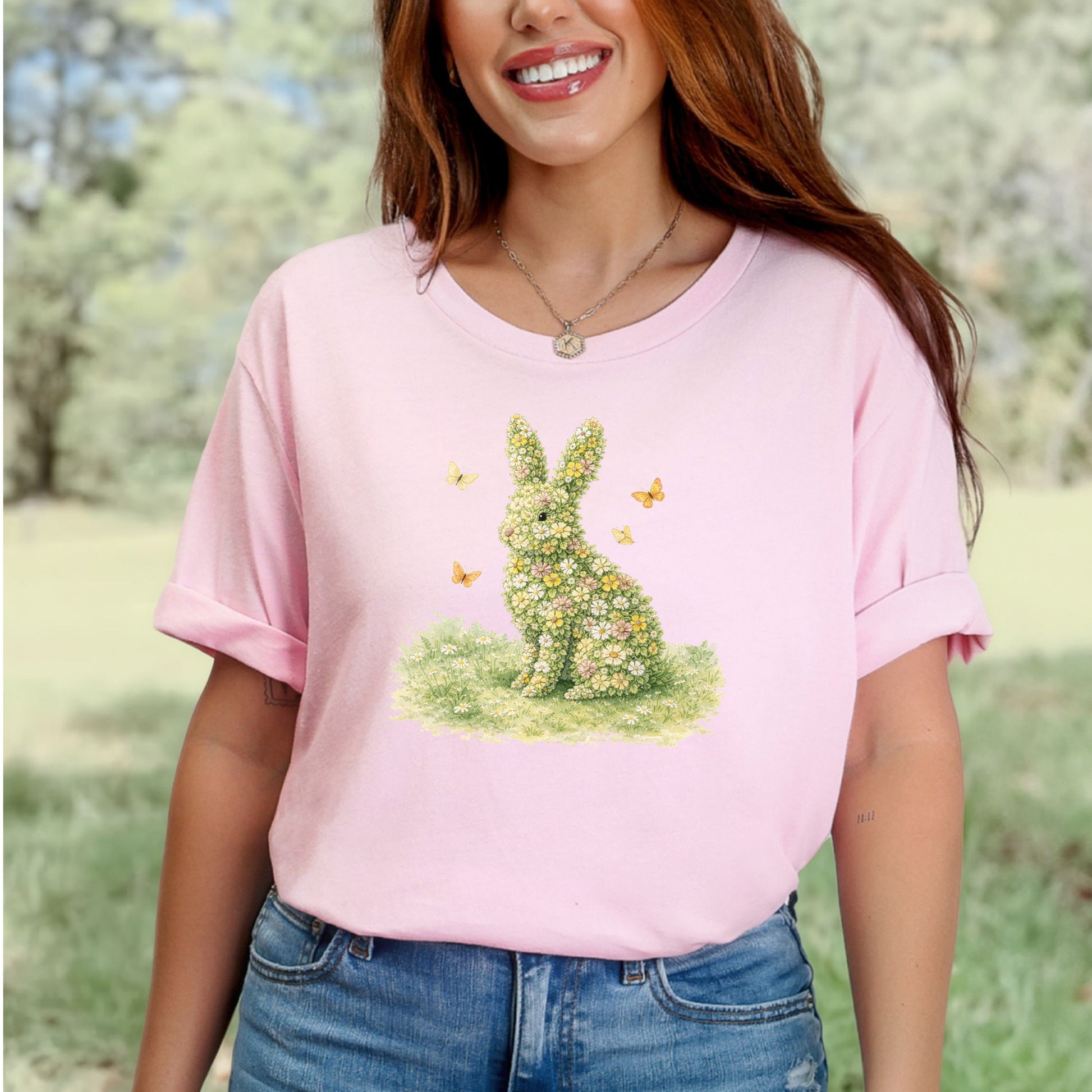 Floral Bunny Garden T-Shirt Botanical Rabbit Butterfly Spring Gift Tee
