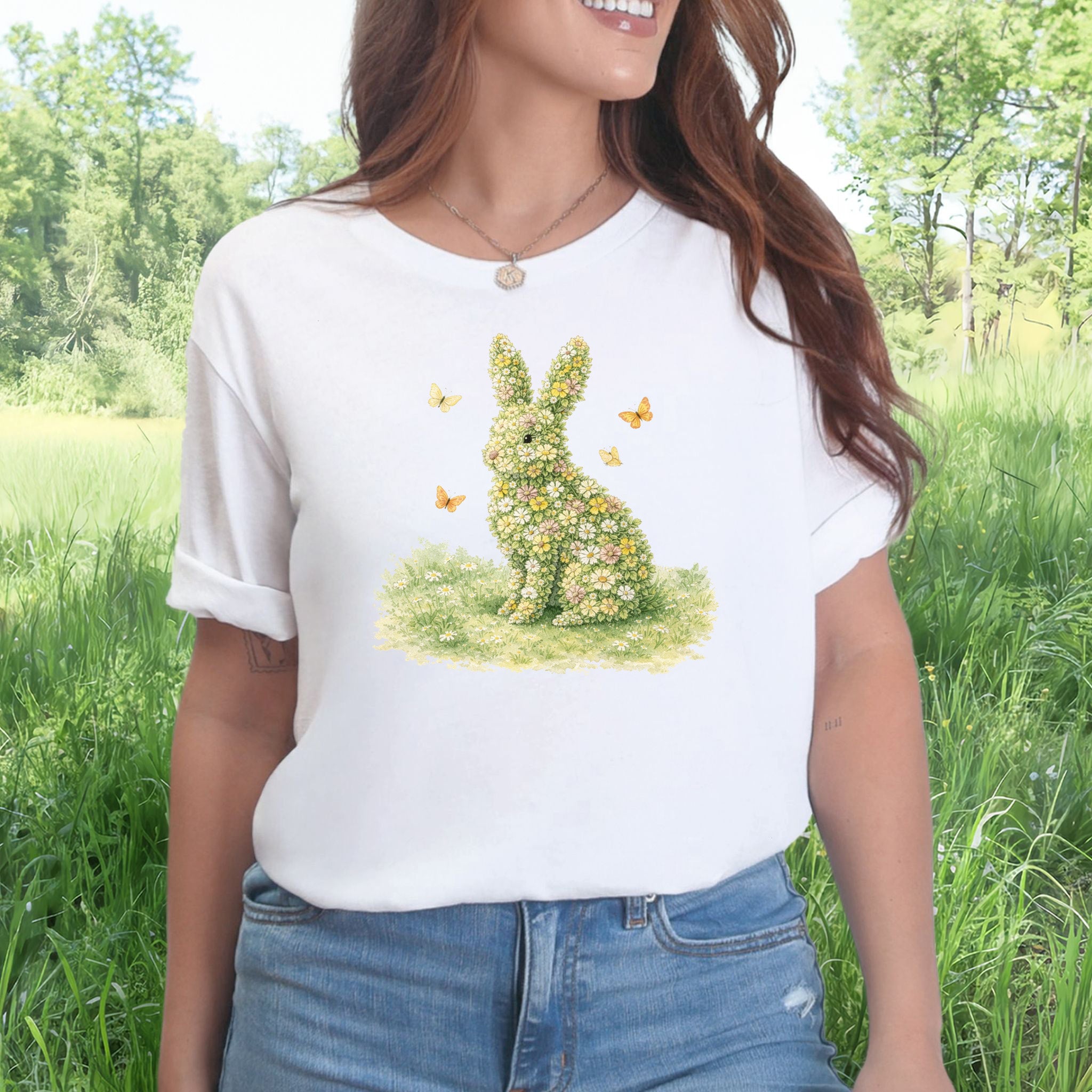 Floral Bunny Garden T-Shirt Botanical Rabbit Butterfly Spring Gift Tee