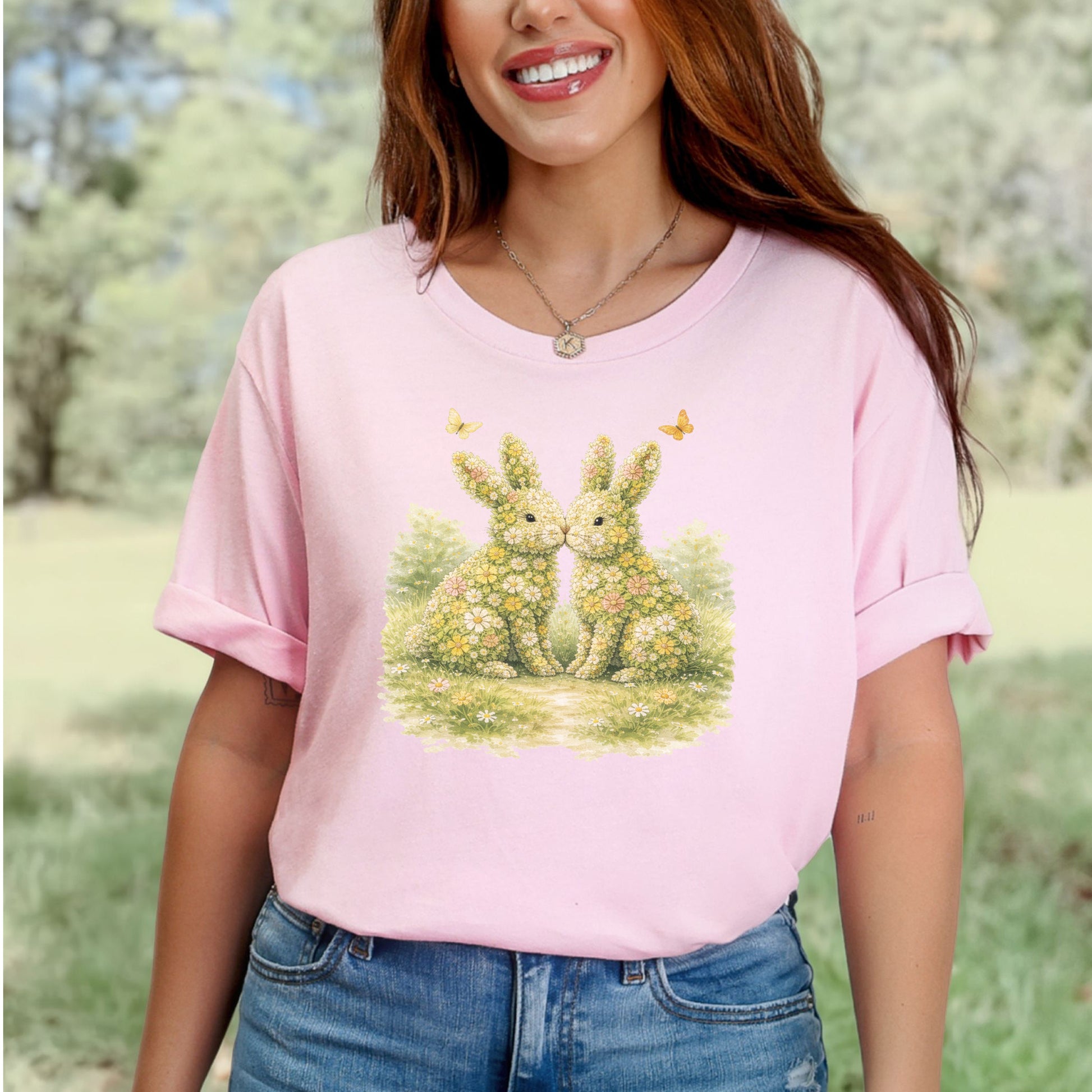 Floral Bunny Pair T-Shirt Botanical Rabbit Lover Easter Garden Gift Tee