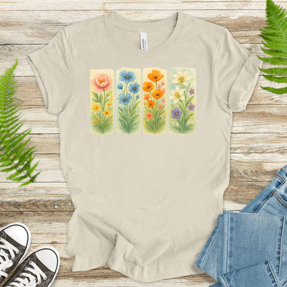 Pressed Wildflower Strips T-Shirt – Vintage Watercolor Floral Tee