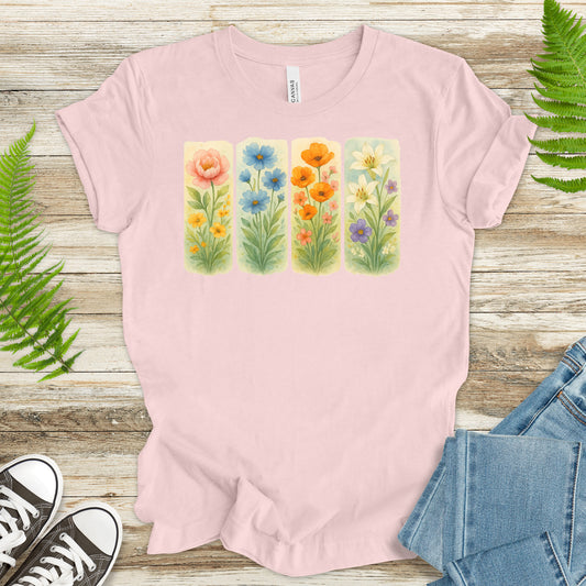 Pressed Wildflower Strips T-Shirt – Vintage Watercolor Floral Tee