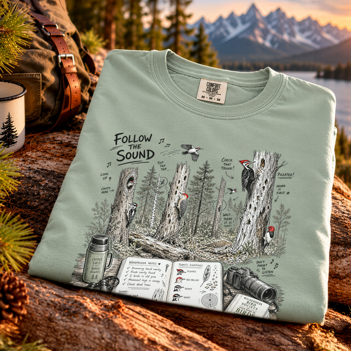 Follow the Sound Comfort Colors Shirt – Woodpecker Field Notes Tee