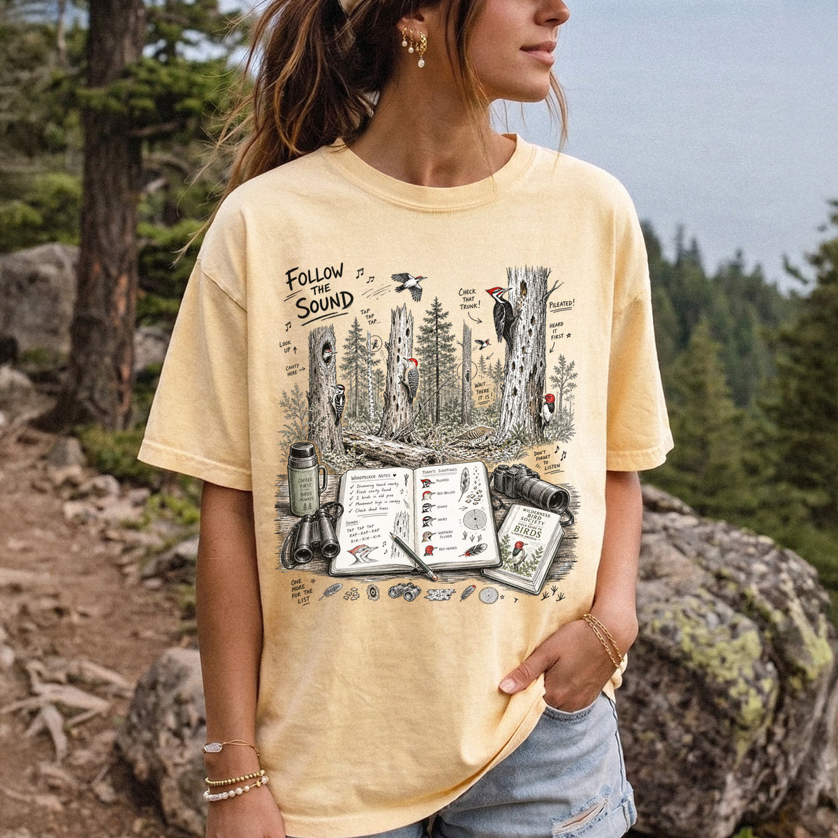 Follow the Sound Comfort Colors Shirt – Woodpecker Field Notes Tee