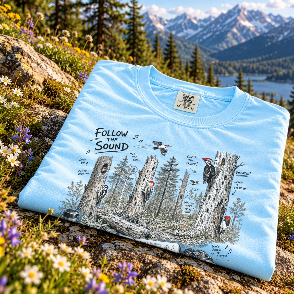 Follow the Sound Comfort Colors Shirt – Woodpecker Field Notes Tee