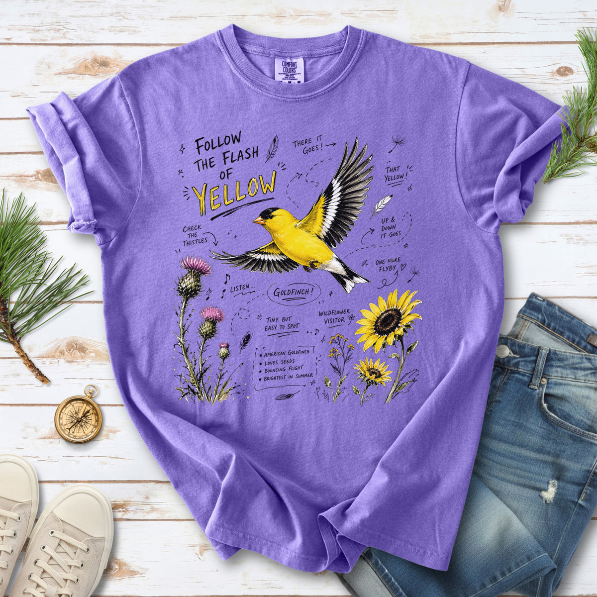 Follow the Flash of Yellow Comfort Colors Shirt – American Goldfinch Tee