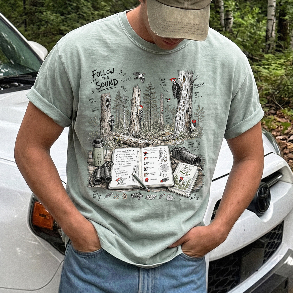 Follow the Sound Comfort Colors Shirt – Woodpecker Field Notes Tee