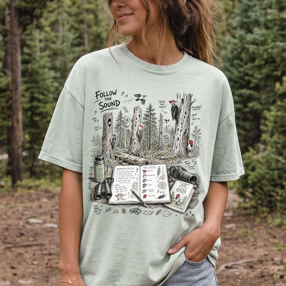 Follow the Sound Comfort Colors Shirt – Woodpecker Field Notes Tee