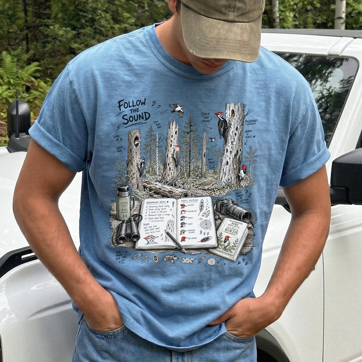Follow the Sound Comfort Colors Shirt – Woodpecker Field Notes Tee