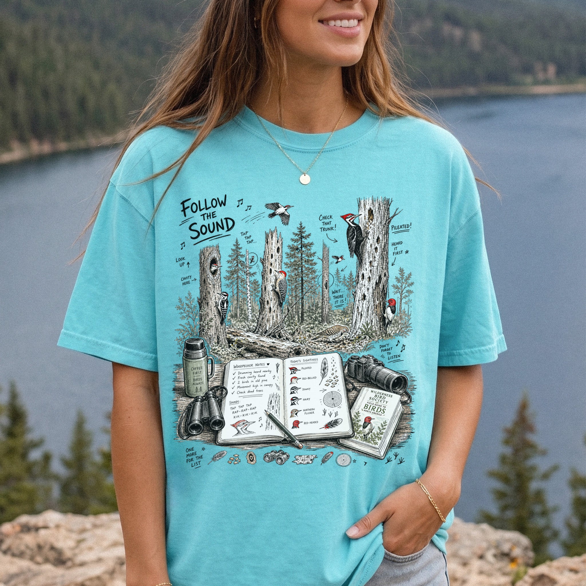 Follow the Sound Comfort Colors Shirt – Woodpecker Field Notes Tee