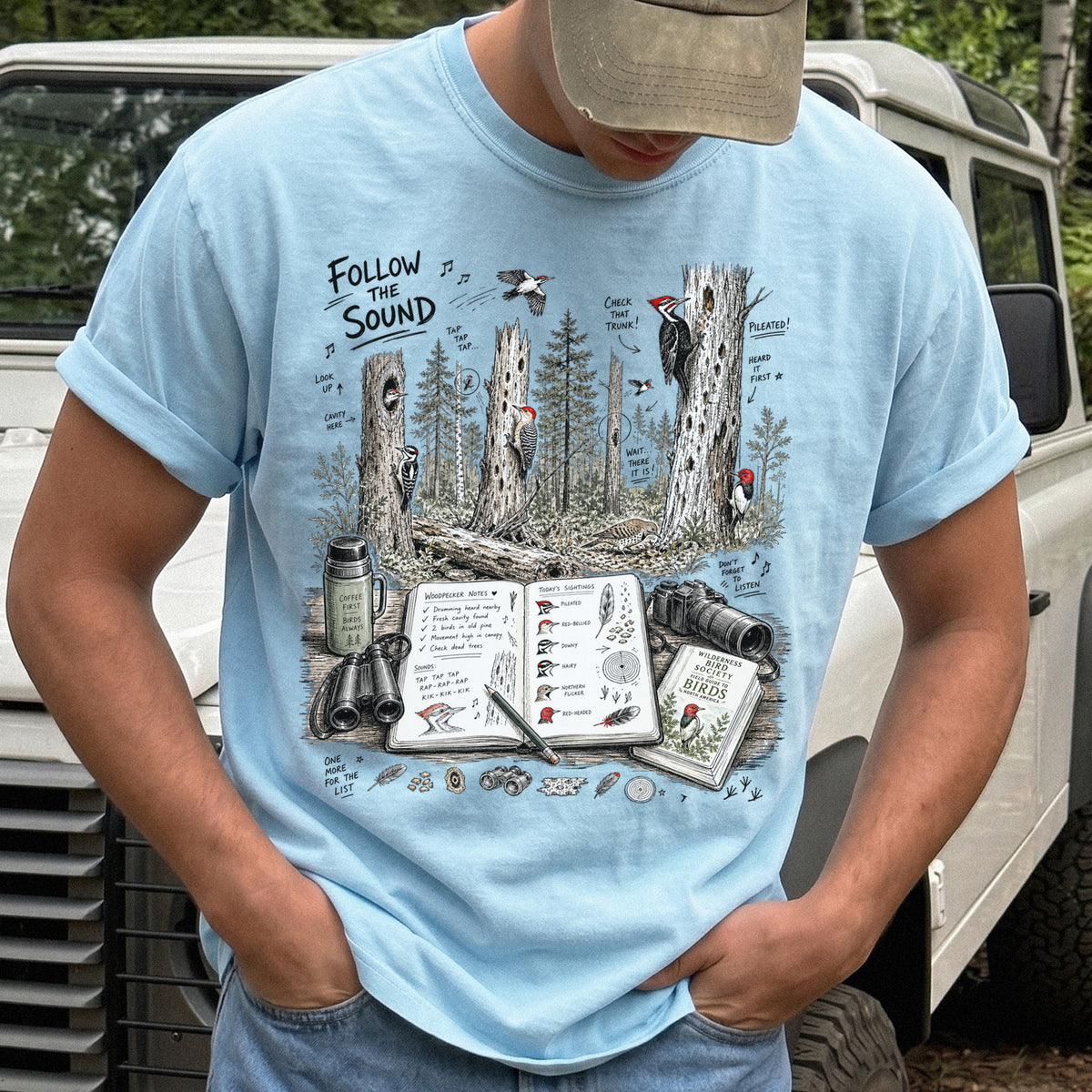 Follow the Sound Comfort Colors Shirt – Woodpecker Field Notes Tee