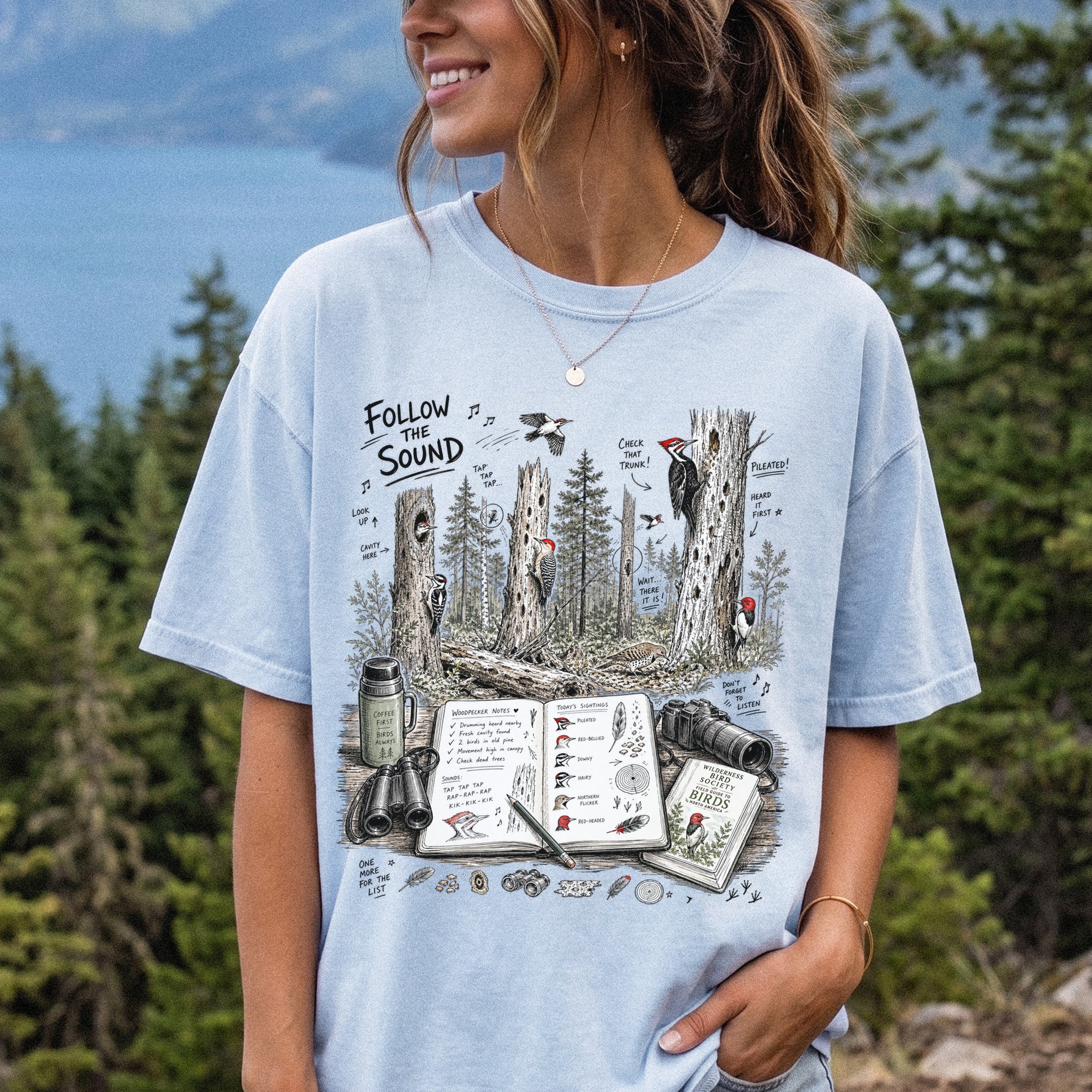 Follow the Sound Comfort Colors Shirt – Woodpecker Field Notes Tee