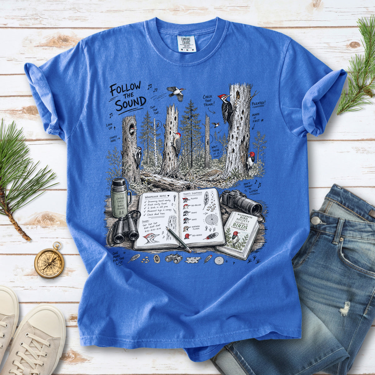 Follow the Sound Comfort Colors Shirt – Woodpecker Field Notes Tee