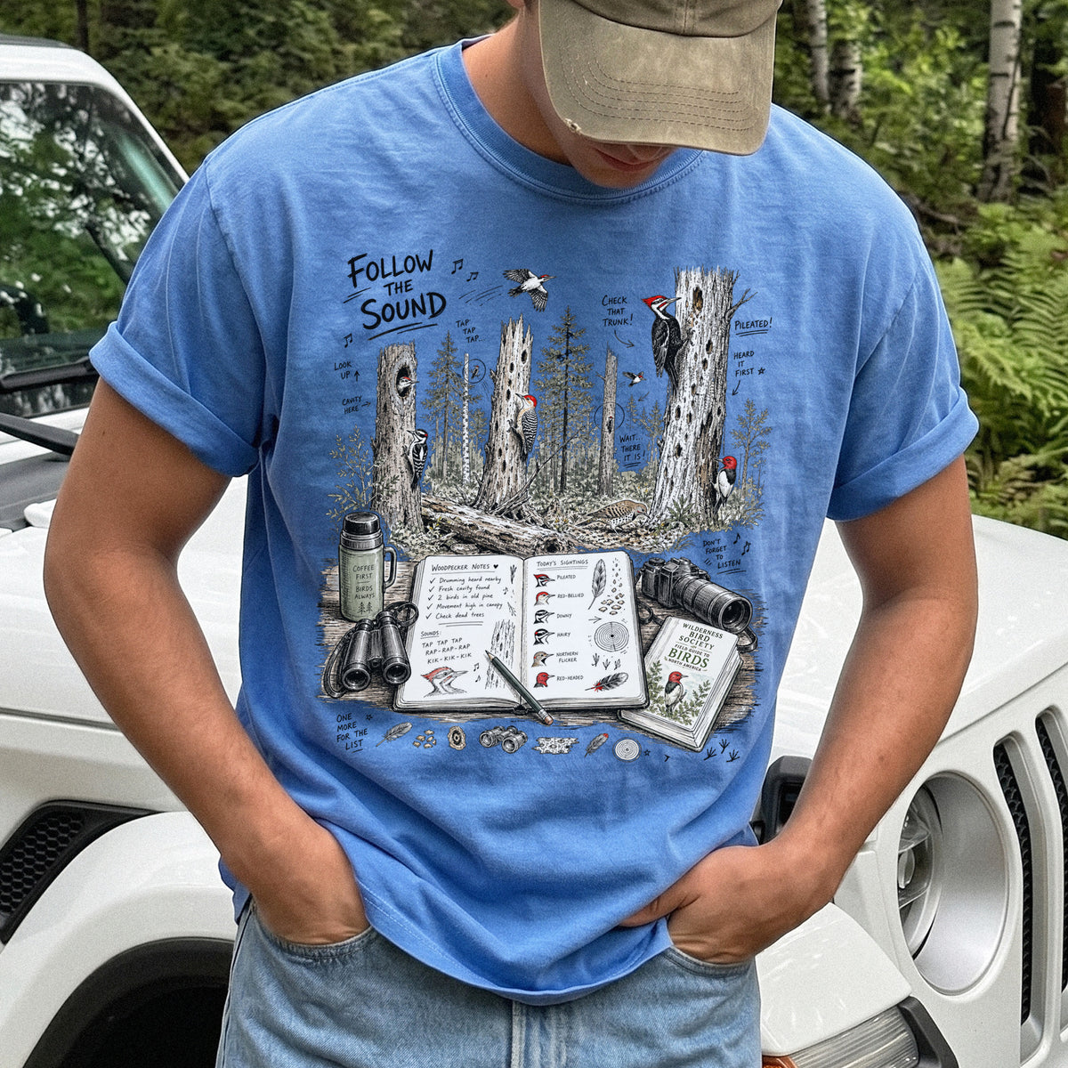 Follow the Sound Comfort Colors Shirt – Woodpecker Field Notes Tee