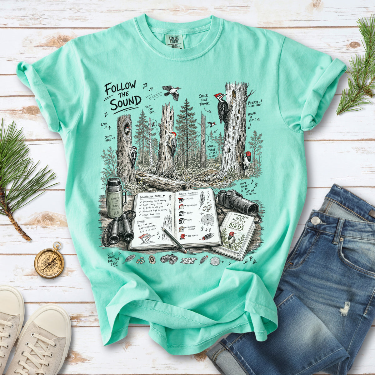 Follow the Sound Comfort Colors Shirt – Woodpecker Field Notes Tee