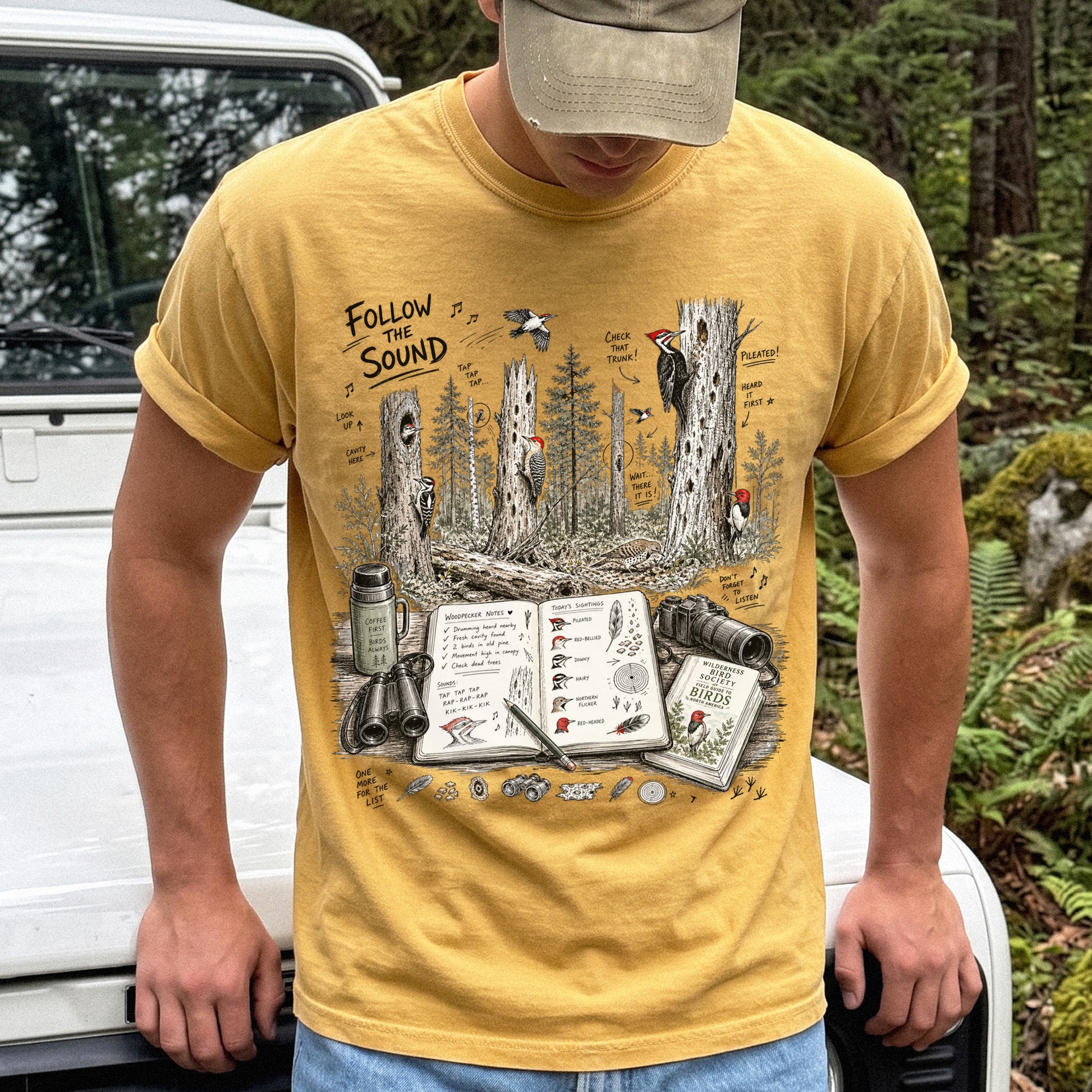 Follow the Sound Comfort Colors Shirt – Woodpecker Field Notes Tee