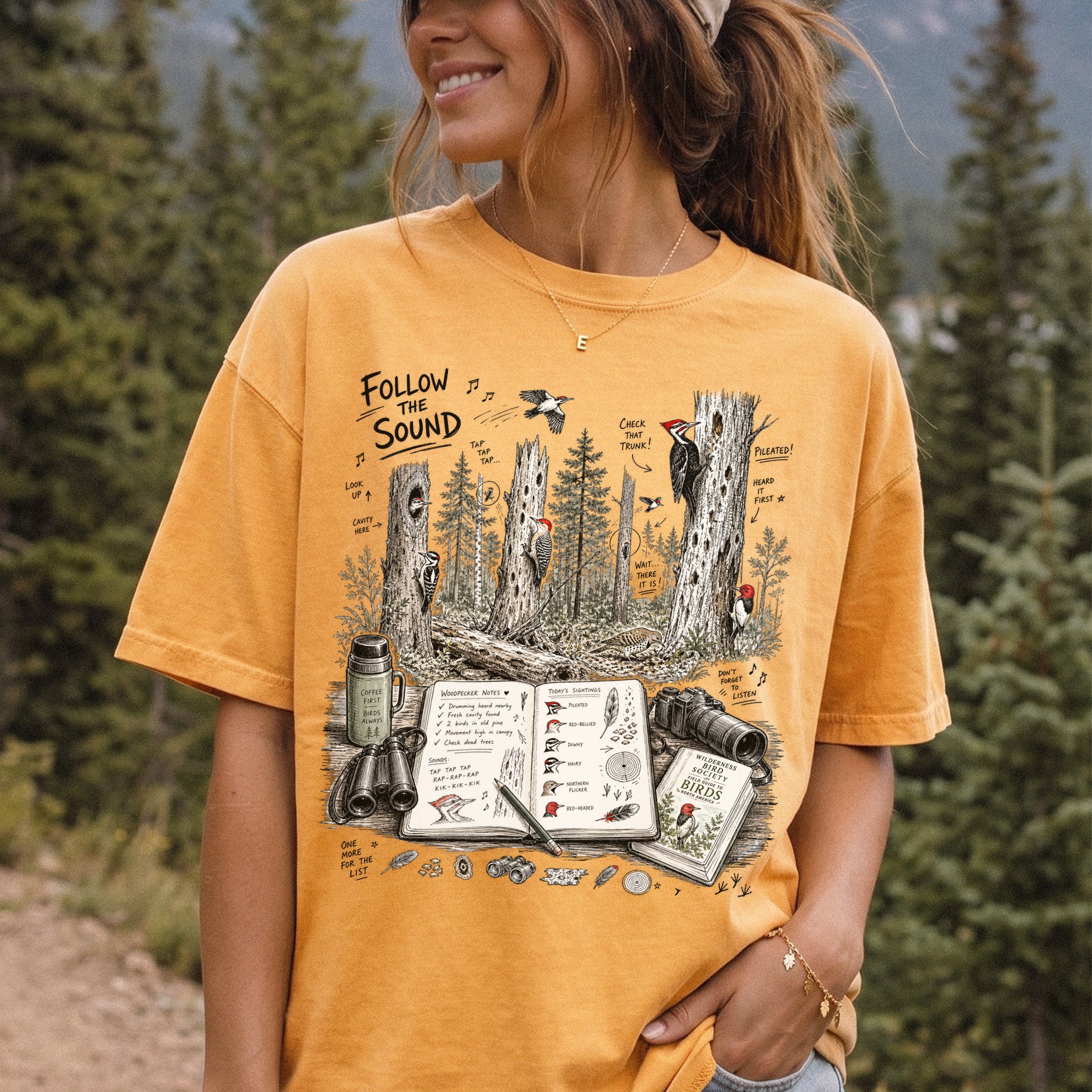 Follow the Sound Comfort Colors Shirt – Woodpecker Field Notes Tee