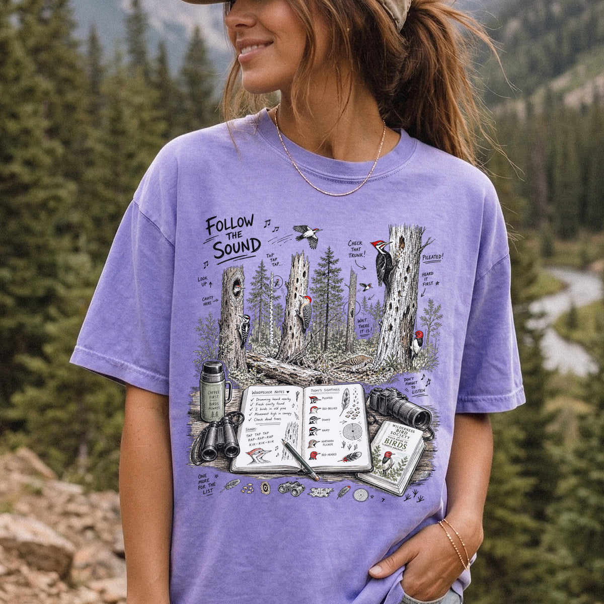Follow the Sound Comfort Colors Shirt – Woodpecker Field Notes Tee