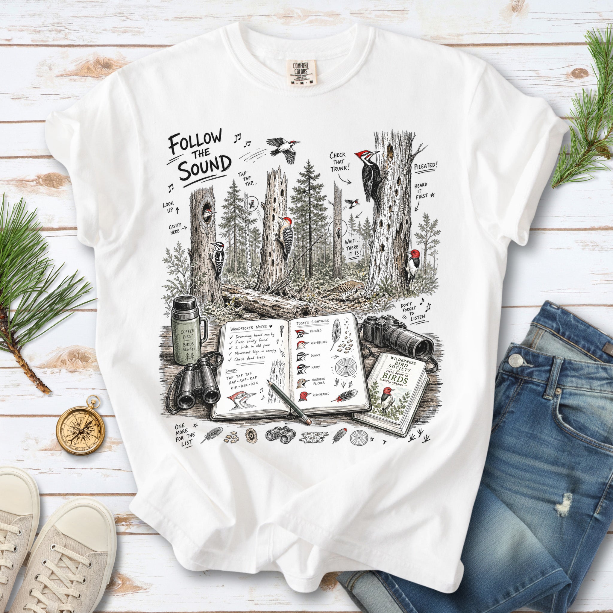 Follow the Sound Comfort Colors Shirt – Woodpecker Field Notes Tee