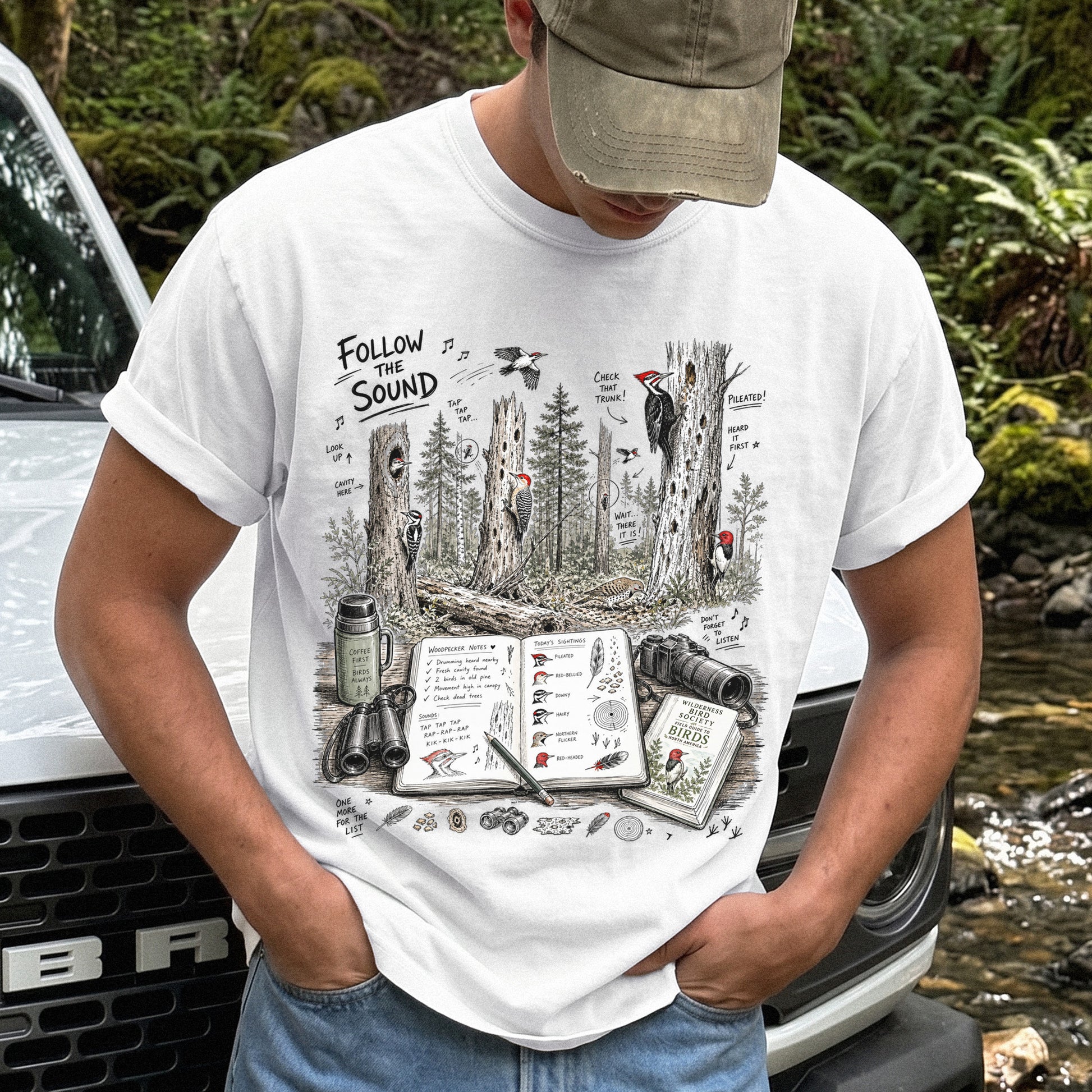 Follow the Sound Comfort Colors Shirt – Woodpecker Field Notes Tee