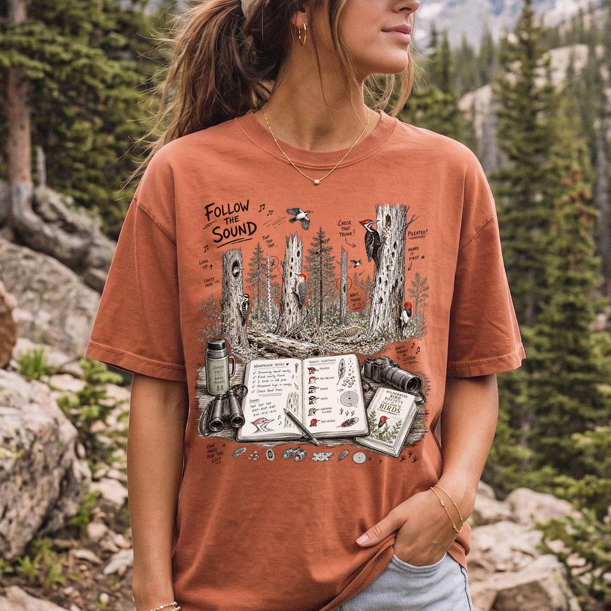 Follow the Sound Comfort Colors Shirt – Woodpecker Field Notes Tee